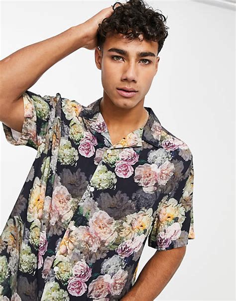 Asos Design Relaxed Revere Shirt In Navy Floral Asos