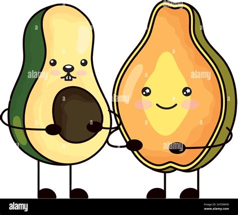 Avocado With Papaya Kawaii Characters Stock Vector Image Art Alamy