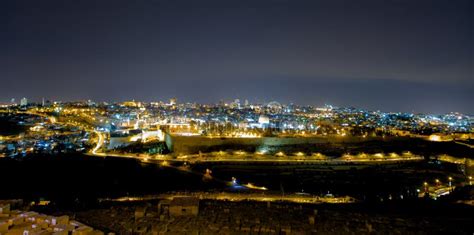 Panorama Of Jerusalem At Night Mount Of Olives Middle East Stock