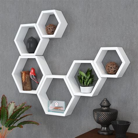 Set Of 6 Decorative Hexagon Wall Shelves Unit White