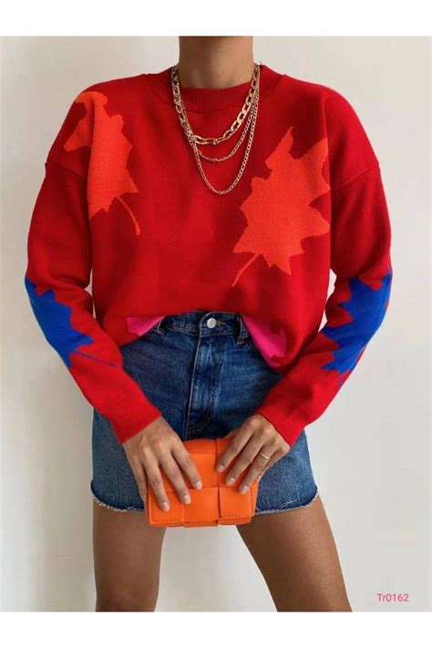 Secret Passion Lingerie Yeni Sezon Kırmızı Triko Kumaş Yaprak Desenli Bisiklet Yaka Oversize