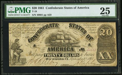 1861 20 Twenty Dollars Confederate States Of America Richmond Csa Bank