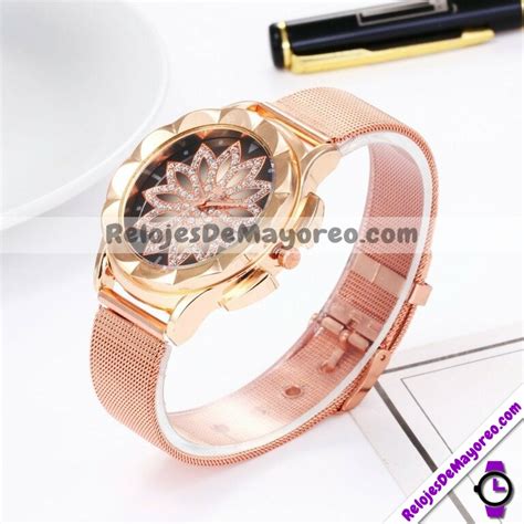 Reloj Rosado Extensible Metal Mesh Caratula Mandala Con Diamantes R