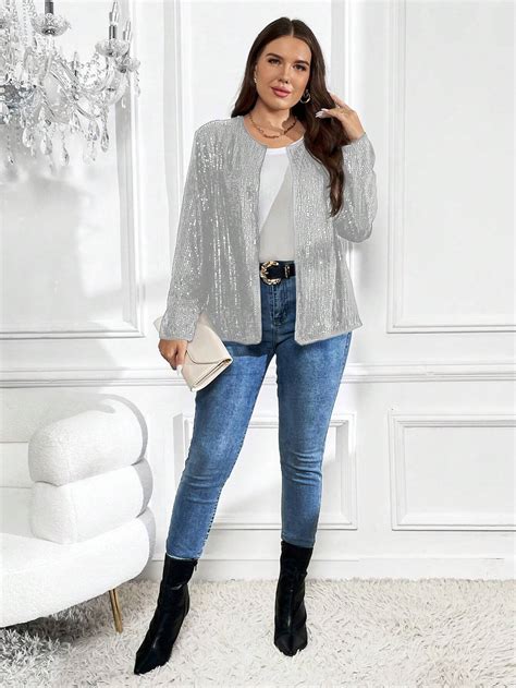 Shein Clasi Plus Open Front Sequin Jacket Shein Usa