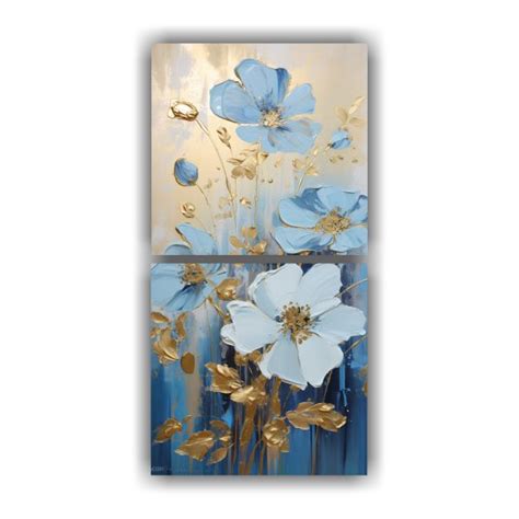 Cuadro Pintura Floral En Lienzo Colores Dorado Y Azul Decocuadros