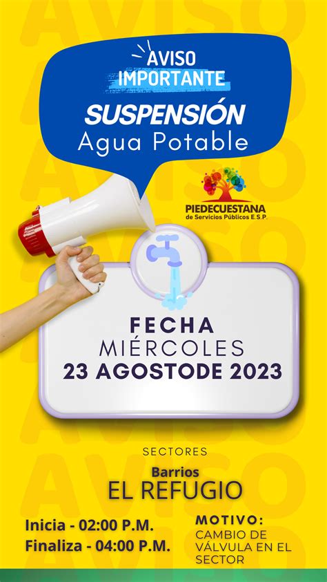 Suspensión de Agua Potable 23 agosto 2023 Piedecuestana de