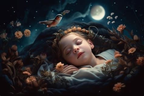 Dulces sueños de una niña linda durmiendo en un bosque de fantasía por