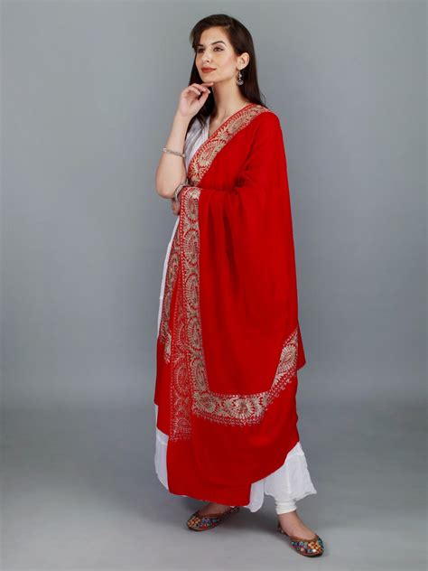 Salsa Stole From Amritsar With Aari Zari Embroidered Paisley Border