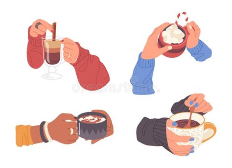 Female Hands Holding Aromatic Hot Drinks In Cups Coffee Or Cappuccino Beverage Mugs Isolated