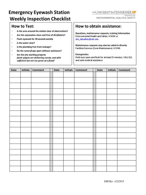 Emergency Eyewash Station Weekly Inspection Checklist: How to Test: How