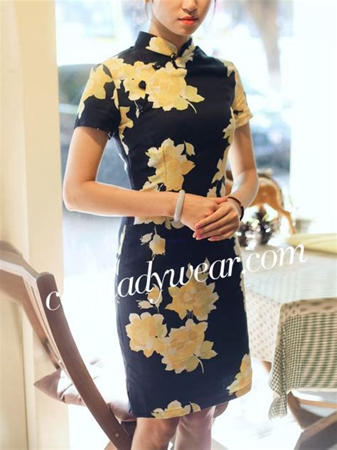 Black Short Floral Linen Qipao Cheongsam Dress Cozyladywear