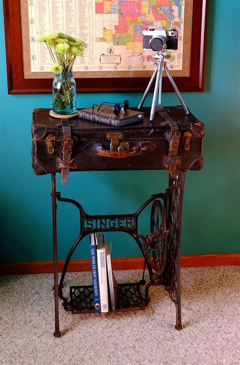 Singer Sewing Machine Base With Old Leather Salesmans Suitcase On Top