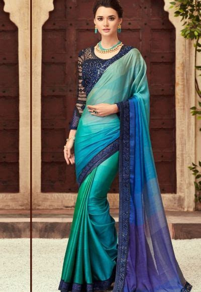 Blue And Green Satin Georgette Party Wear Saree With Border