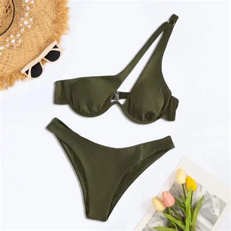 Two Piece Swimsuit Set Stylish One Shoulder Bikini Set With High Waist For Women Solid Color