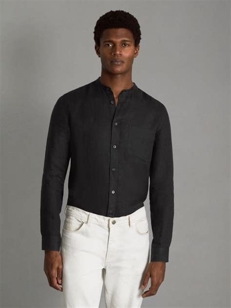 Linen Grandad Collar Shirt In Black Reiss