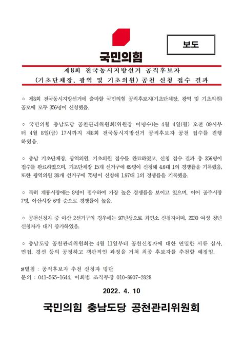 보도 국민의힘 충남도당 제8회 전국동시지방선거 공직후보자 공천 신청 접수 결과 국민의 힘