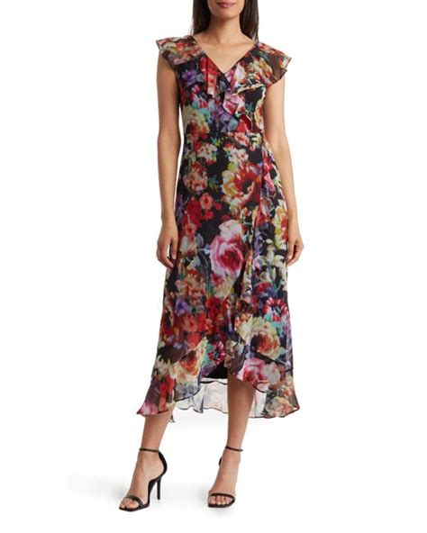 London Times Floral Ruffle Faux Wrap Maxi Dress In Red Lyst