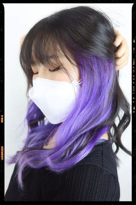 Purple Color Peekaboo Highlights Brown Hair With Purple Bangs Purple Underdye Hair Lilac Hair