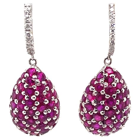 Natural Burmese Ruby White Diamond 18K White Gold Drop Earrings For