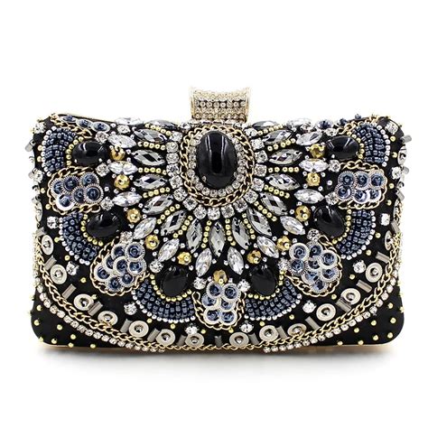 Luxury High Quality Handmade Beaded Chain Diamond Gem Black Evening Bag Wedding Party Handbag