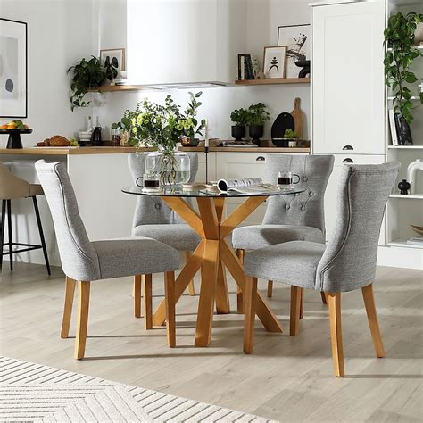 Hatton Round Dining Table And 4 Bewley Chairs Natural Oak Finish Glass