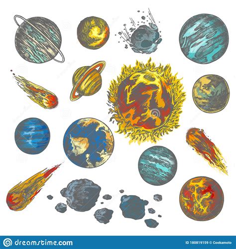 Planetas Vectoriales Esbozan Meteoritos Y Asteroides De Galaxia