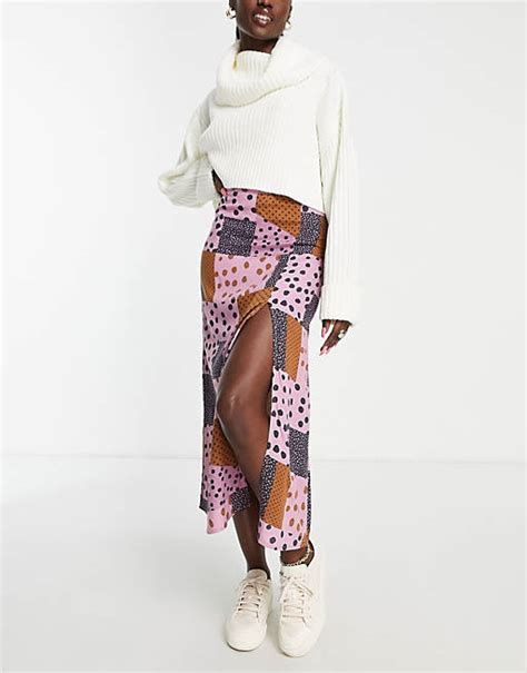 Asos Design Midi Slip Skirt With Thigh Split In Patchwork Spot Print Asos