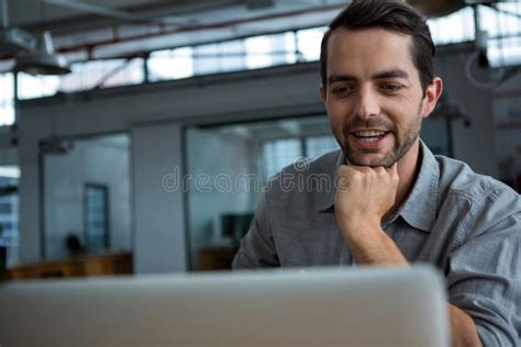 Happy Man Working On Laptop Stock Photo Image Of Cheerful