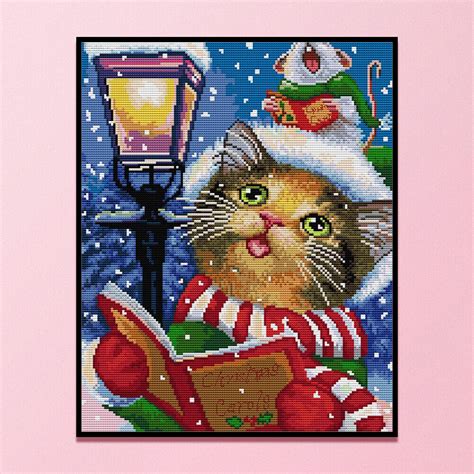 Full Embroidery Christmas Cat Cross Stitch Kits 14ct Stamped Diy Canvas