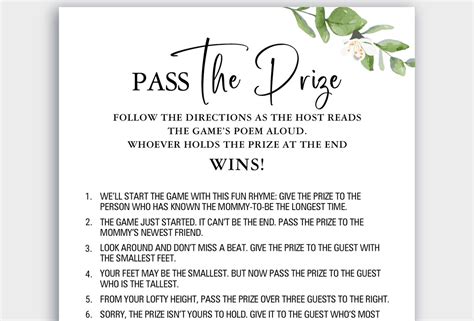 Pass The Prize Rhyme Game Greenery Baby Shower Games Cards Boho Leaves