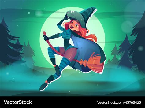 Sexy Witch Flying On Broom Full Moon Background Vector Image