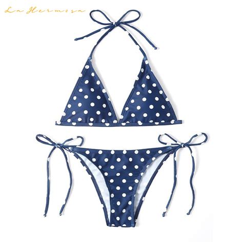 2022 New Sexy Polka DOT Print Bikini Women Tether Two Piece Blue