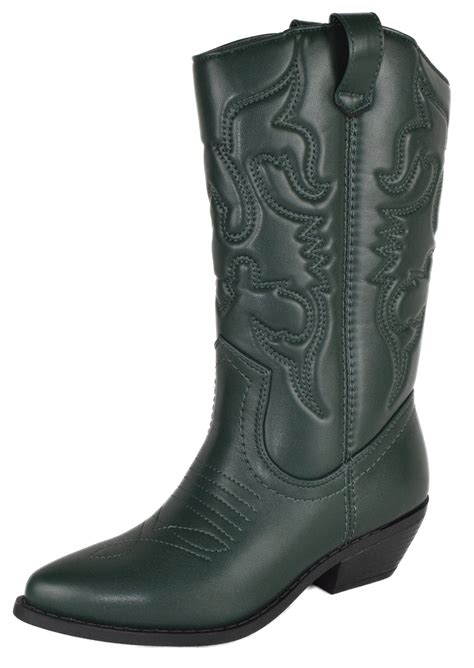 Soda Women Cowgirl Cowboy Western Stitched Boots Pointy Toe Knee High Reno S Dark Green 75