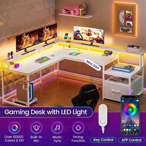 LED L Shaped Computer Desk with Hutch & File Drawer & Power Outlet, 66 ...