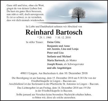 Traueranzeigen Von Reinhard Bartosch Noz Trauerportal