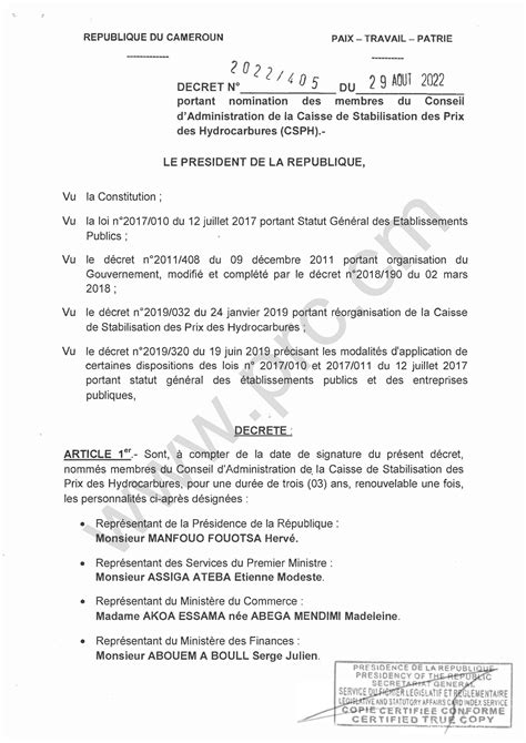 Décret N°2022405 Du 29 Août 2022 Portant Nomination Des Membres Du