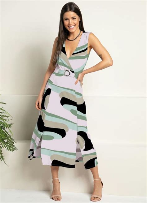 Vestido Abstrato Verde Transpassado Com Fendas Quintess