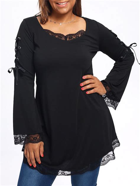 Plus Size Long Sleeve Lace Trim Tunic T Shirt Black 5xl Plus Size Outfits Clothes Plus