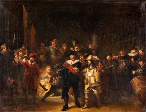 Lot After Rembrandt Dutch 1606 1665 Night Watch Oil On Canvas 23 1 2 X 30 1 2 In 60 X