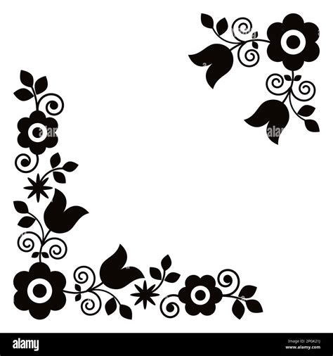 Polish Traditional Folk Art Vector Corner Black And White Design Set