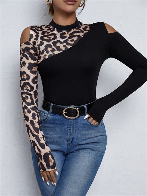 Shein Clasi Cold Shoulder Leopard Print Tee Shein Eur