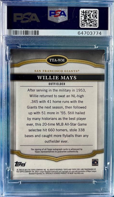 Willie Mays 2013 13 Topps Tier One Autograph Auto Silver Ink 10