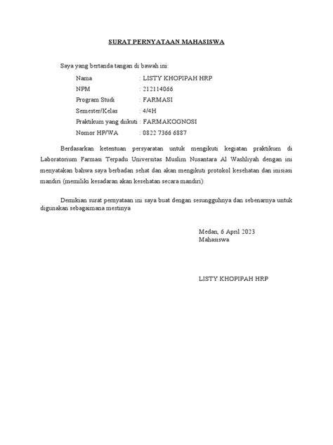 Surat Pernyataan Mahasiswa Praktikum | PDF 