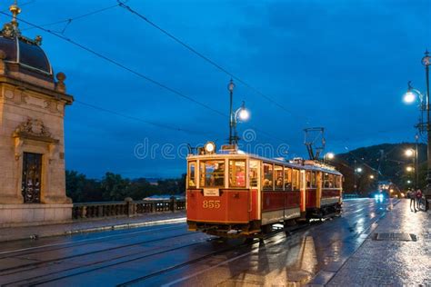 Prague Street View at Night Editorial Stock Image - Image of rail ...