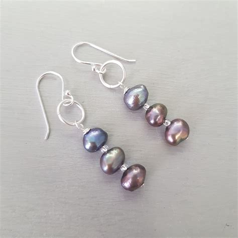 Black Freshwater Pearl Drop Earrings Sterling Silver Ooak