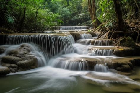 Una Cascada En El Bosque Con Un Fondo Verde Foto Premium