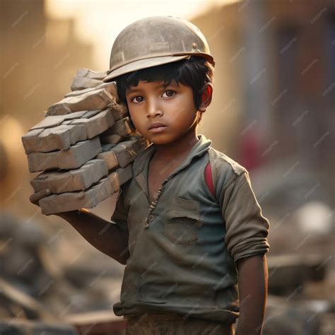 Premium Photo Child Labour Poor Boy Carrying Bricks Photo