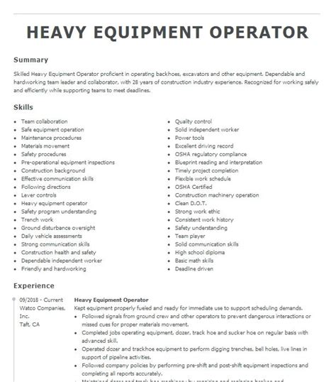 Heavy Equipment Operator Resume Example