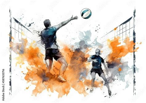 Watercolor Abstract Illustration Of Volleyball Volleyball In Action