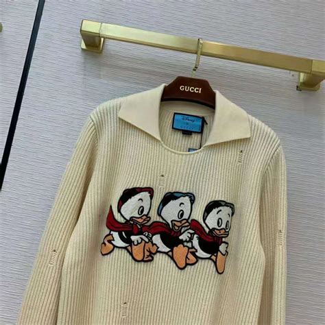 Gucci Women Disney X Gucci Donald Duck Cotton Wool Sweater Holes Crewneck Collar White Lulux